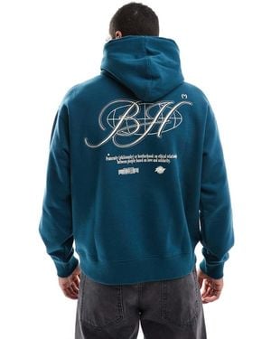 Bershka Back Printed Hoodie - Blue