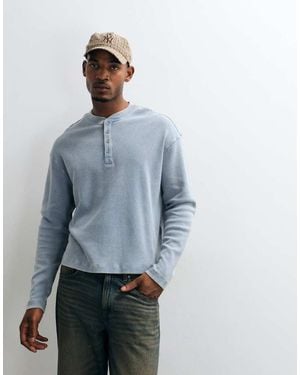 Collusion Heavyweight Long Sleeve Waffle Textured Henley - Blue