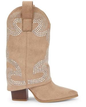 SEQWL Embroidered Western Fold Over Boots Rhinestone Embellished - Natural