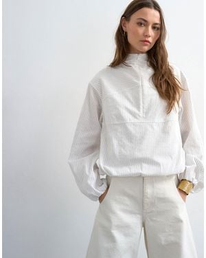TOPSHOP Stripe Zip Long Sleeve Cuffed Top - White