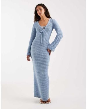 4th & Reckless Ribbed Knit Tie Front Flute Sleeve Maxi Dress - Blue