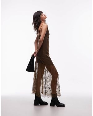 ASOS V Neck Satin Slip Maxi Dress With Lace Skirt - Natural