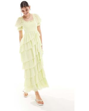 Miss Selfridge Vestito Lungo Testurizzato A Balze Color Lime Con Orlo Asimmetrico - Giallo