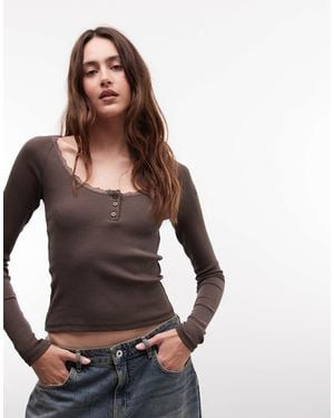 Noisy May Long Sleeve Henley T-shirt With Lace Trim - Brown