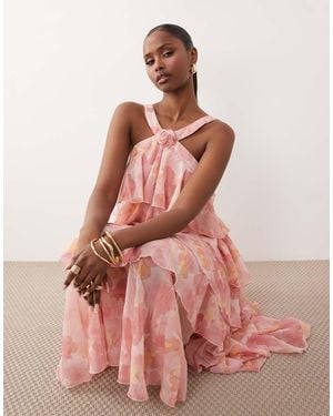 Vero Moda Felicia Halterneck Tiered Maxi Dress With Corsage Detail - Pink