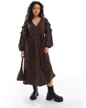Wednesday's Girl Ruffle Sleeve Midi Smock Dress - Brown