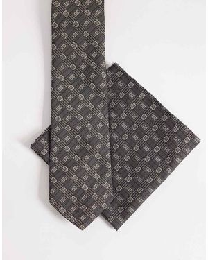 ASOS Diamond Geometric Pattern Tie And Pocket Square - Grey