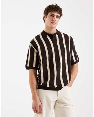 Redefined Rebel Pau Boxy Fit Short Sleeve Knit Polo Shirt With Stripe - Black
