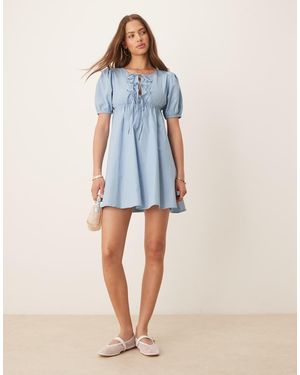 esmé studios Esmee Exclusive Tie Front Puff Sleeve Mini Beah Dress - Blue
