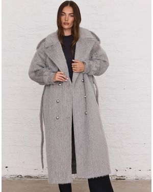 Aria Cove Brushed Wool Look Oversized Collar Belted Trench Maxi Coat - Gray