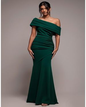 Goddiva Pleated One Shoulder Bardot Fit And Flare Maxi Dress - Green