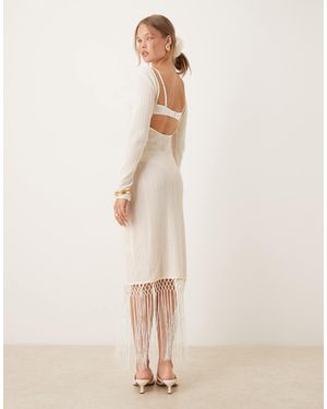 Amy Lynn Backless Crochet Midi Dress With Fringe Trim - Natural