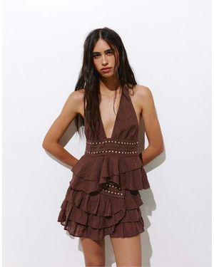 Pull&Bear Haltertop Met Studs En Ruches - Bruin