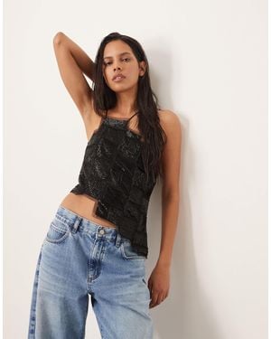 ARRANGE Embellished Asymmetric Top With Raw Edge - Blue