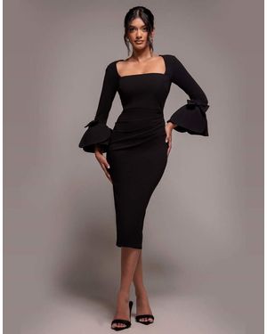 Goddiva Petal Bow Sleeve Frill Midi Dress - Brown