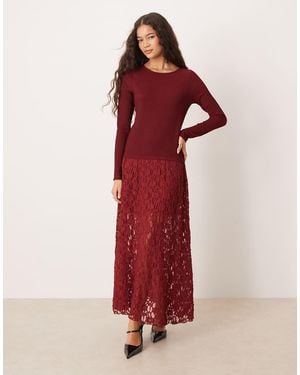 ASOS Long Sleeve Dropped Waist Lace Skirt Midi Dress - Red
