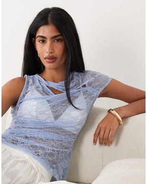 ASOS Lace Asymmetrical Top With Twist Neck And Cap Sleeve - Blue