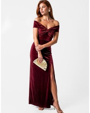 Maya Twist Front Bardot Velvet Maxi Dress - Red