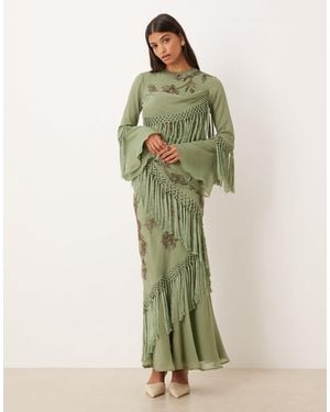 ASOS Long Sleeve Floral Embellished Maxi Dress With Draped Fringe - Green