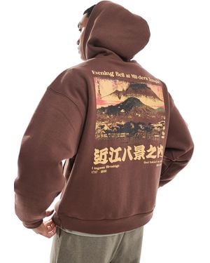 Pull&Bear Mountain Back Printed Hoodie - Brown