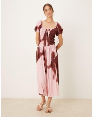 ASOS Crinkle Shirred Waist Milkmaid Puff Sleeve Midi Tea Dress - Pink