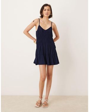 Mango Shirred Strappy Mini Dress - Blue