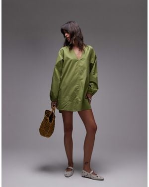 TOPSHOP Poplin Babydoll Mini Dress - Green
