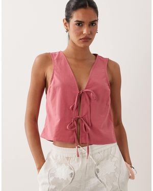 Miss Selfridge Linen Blend Tie Front Top - Red