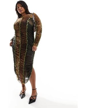 Renee Studio Plus x holly wynne – exklusives, hochgeschlossenes midikleid aus netzstoff mit leopardenmuster - Mehrfarbig