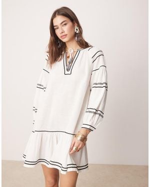 Iisla & Bird Contrast Trim Long Sleeve Mini Beach Dress - Natural