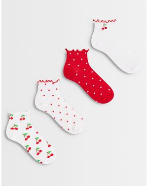 New Look 4 Pack Cherry Frill Top Socks - Red