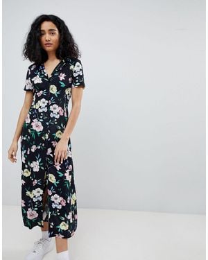 Bershka Vestido camisero midi con flores en negro