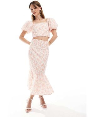 Maya Floral Print Peplum Hem Midi Skirt - Pink