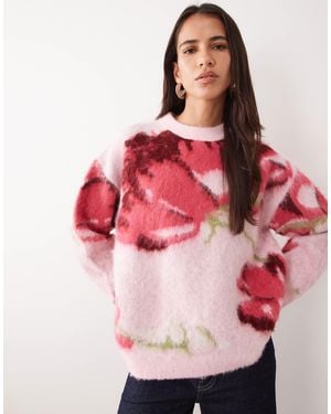 ASOS Brushed Floral Crew Neck Sweater - Pink