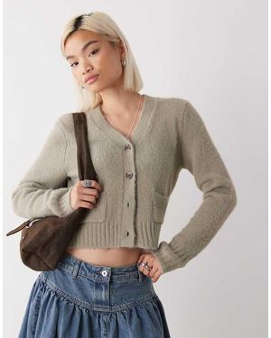 Monki Cárdigan Corto Con Bolsillos Delanteros De -Verde - Gris