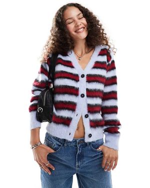 Collusion Brushed Striped V-neck Cardigan - Red