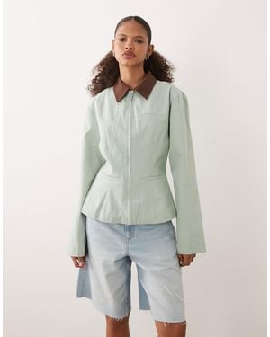 Ghospell Pure Cotton Hourglass Cinched Waist Jacket - Green