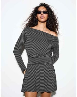 Bershka Printed Mini Long Sleeve Dress With Sash - Grey