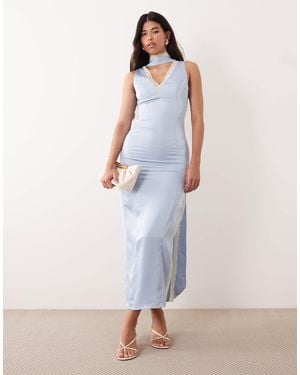 Kaiia Exclusive Satin Contrast Lace Trim Scarf Detail V-neck Thigh Split Maxi Dress - White