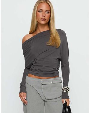 Princess Polly Party Hour Off Shoulder Ruched Drape Detail Batwing Top - Grey