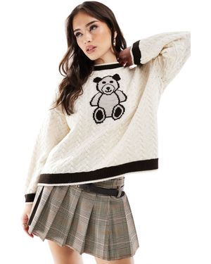 Miss Selfridge Pull oversize en maille jacquard torsadée à motif ourson - Gris