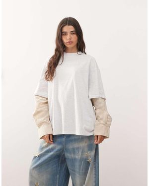 Lioness 2 In 1 Oversized T-shirt Overlay And Striped Long Sleeve Shirt In White And Beige Stripe