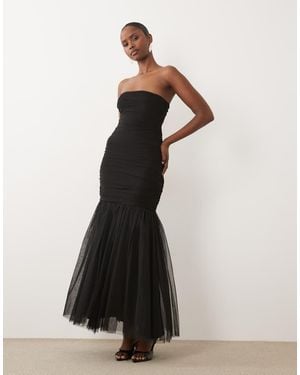 LACE & BEADS Tulle Bandeau Fishtail Maxi Dress - White