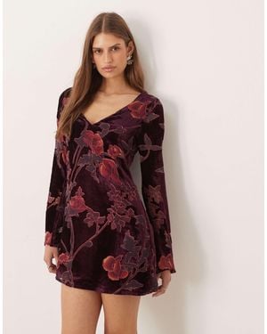 Motel Alitra V Neck Long Sleeve Mini Dress - Purple