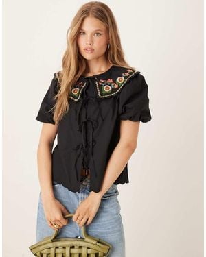 Nobody's Child Joplin Puff Sleeve Blouse With Embroidered Collar - Black