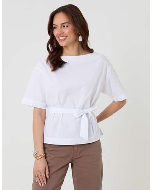 Threadbare Poplin Slash Neck Tie Belt Top - White