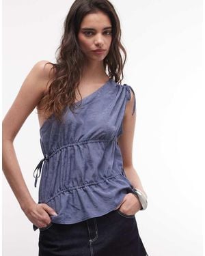 Daisy Street One Shoulder Jacquard Shirred Top - Blue