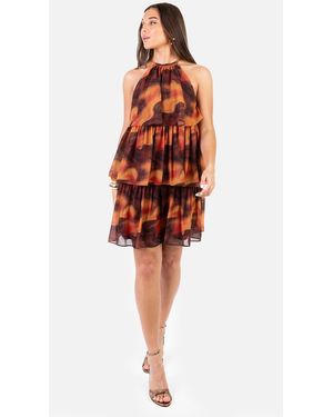 ANAYA Fire Marbel Print Halter Neck Tiered Swing Mini Dress