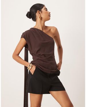 Mango Ruched Side Detail One Shoulder Draped Fabric Detail Blouse - Brown