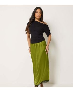 PixieGirl Petite Lace Hem Satin Maxi Skirt - Green